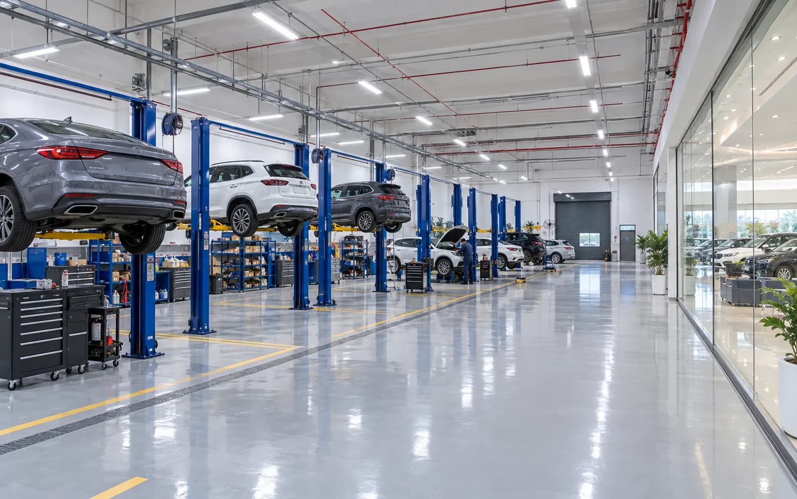 Illustration: workshop bays in a 4S car service centre, with the showroom floor behind the glass.